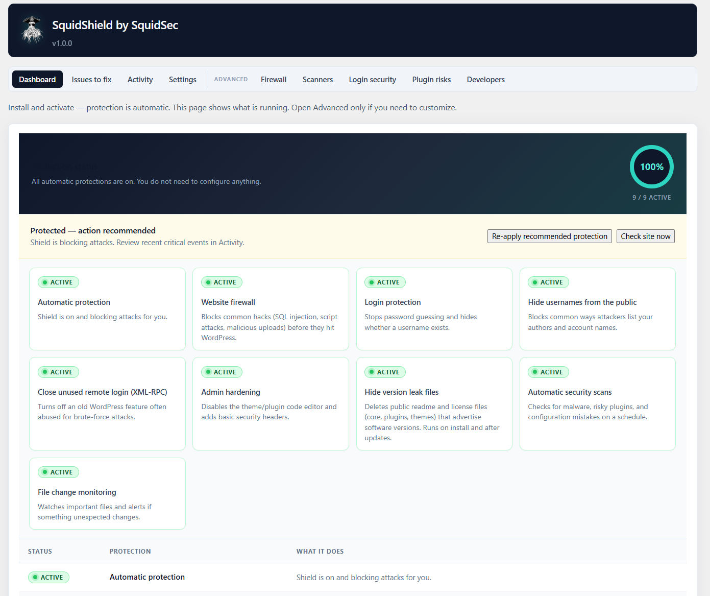 SquidShield protection status dashboard