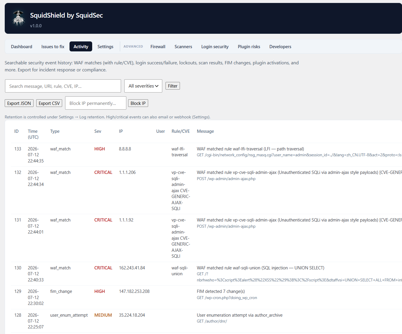 SquidShield security activity audit log