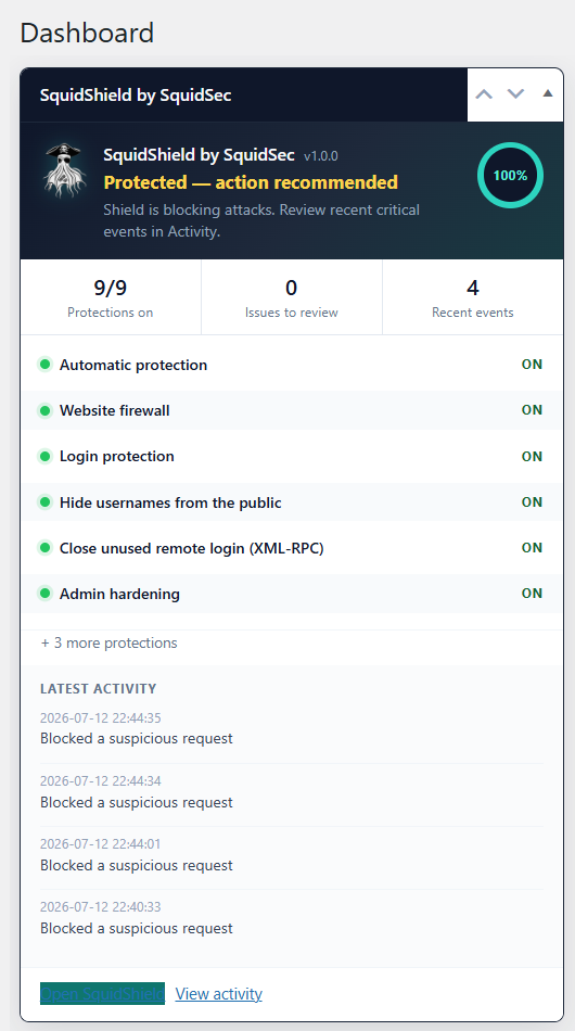 SquidShield WordPress admin dashboard card