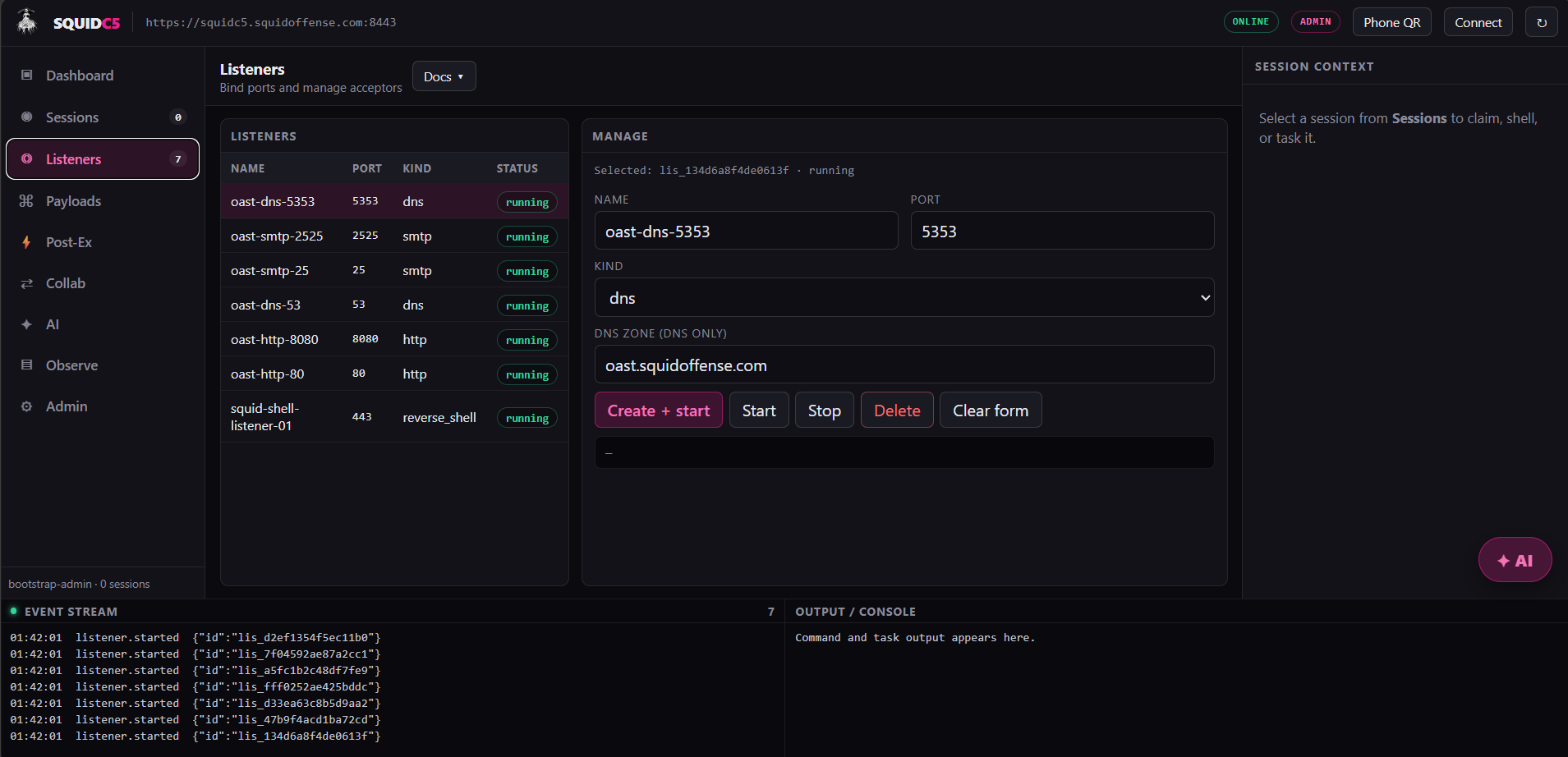 SquidC5 ops console Listeners view with DNS HTTP SMTP and reverse shell acceptors running