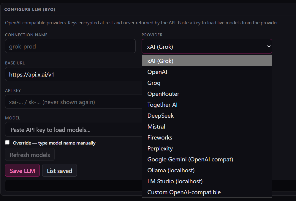 SquidC5 Configure LLM BYO panel with xAI Grok OpenAI Groq OpenRouter and local Ollama providers