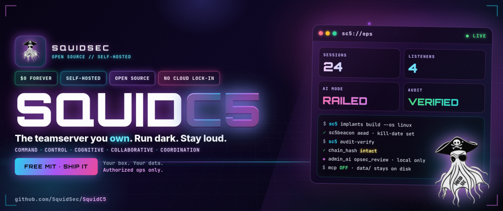SquidC5: Free Open Source Self-Hosted C5 Teamserver for Authorized Red Teams